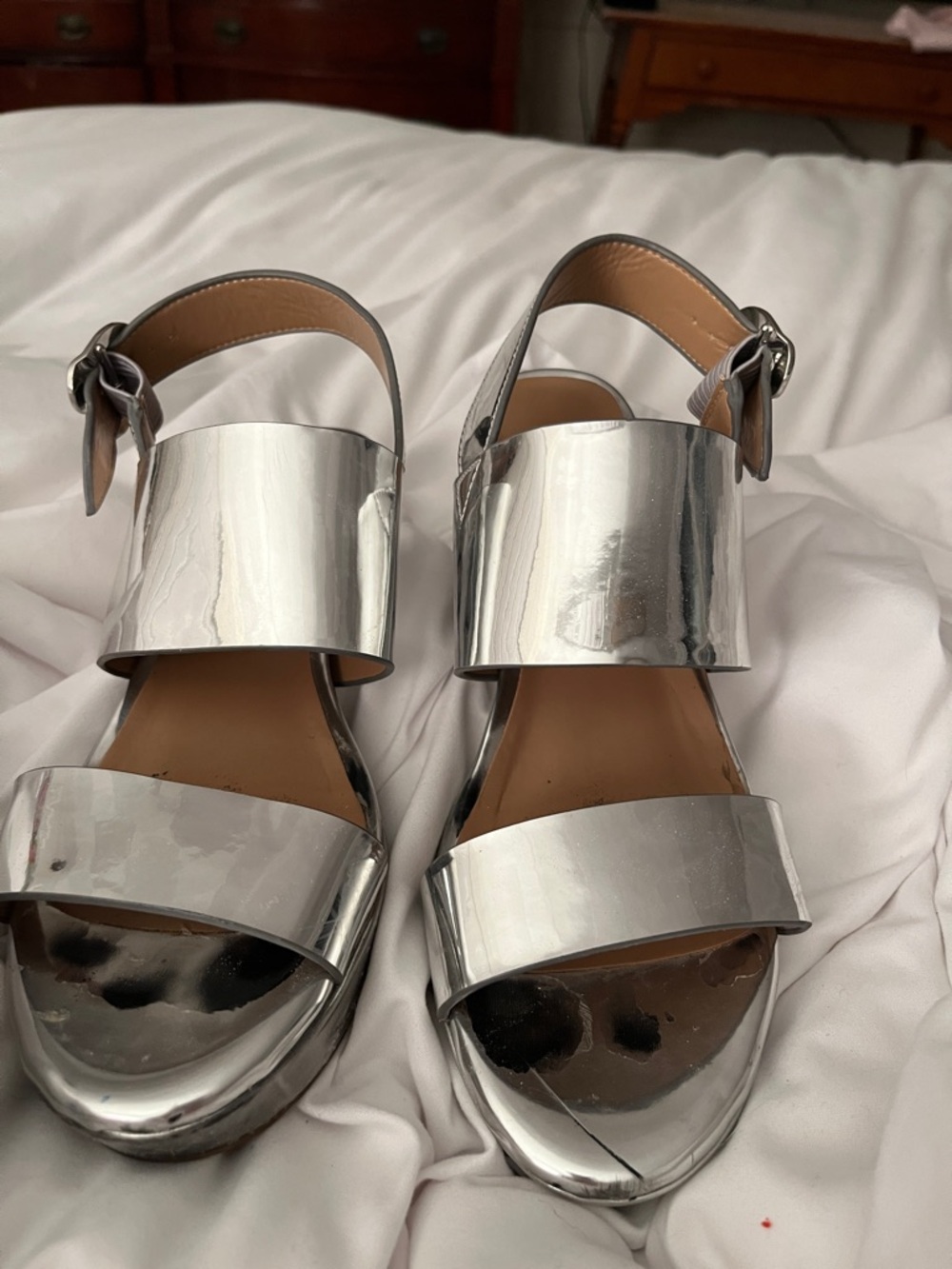 AEROSOLES Silver Metallic Two-Strap Block Heel Sandals